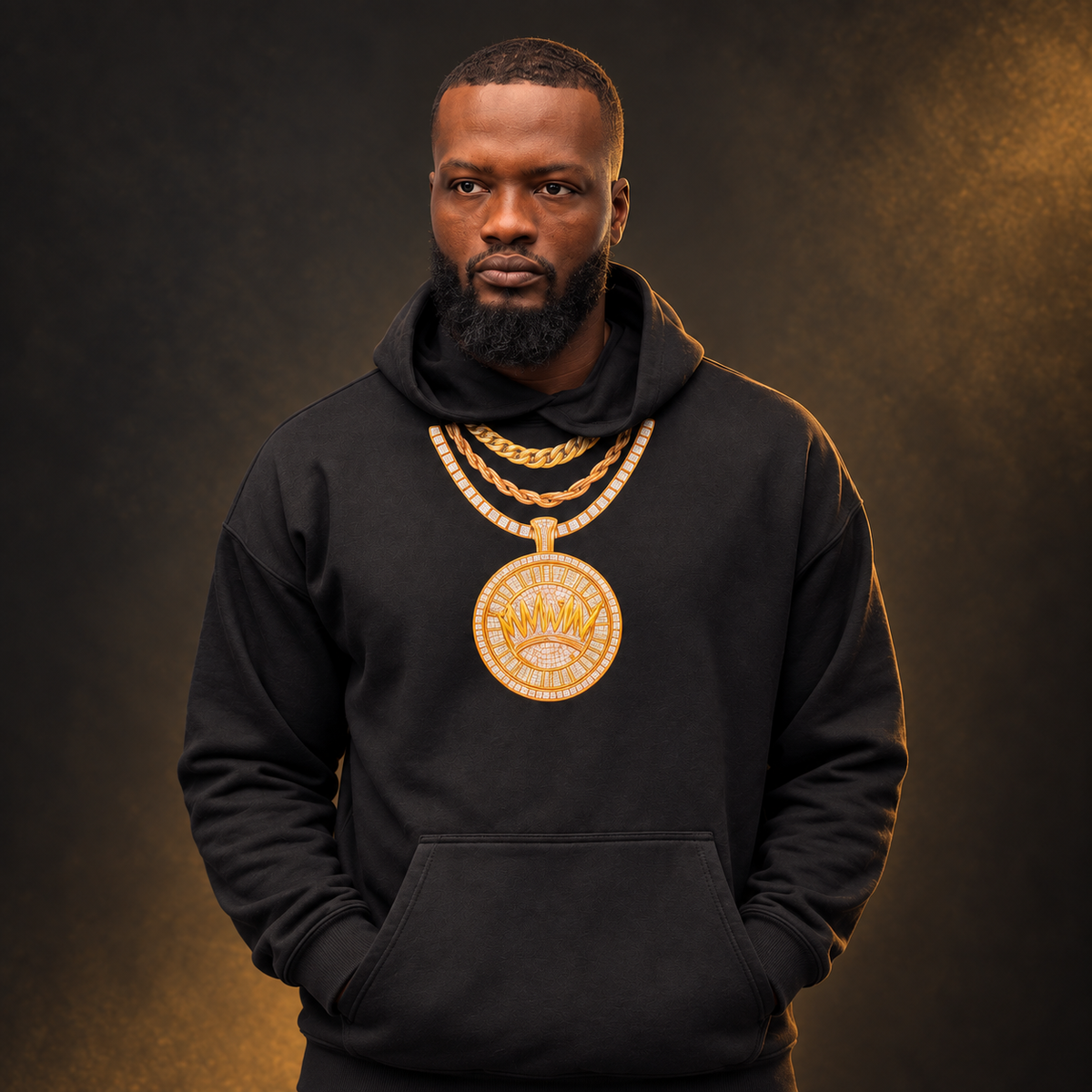 Model wearing the IWWIW Flooded Chain heavyweight hoodie in a dark studio
